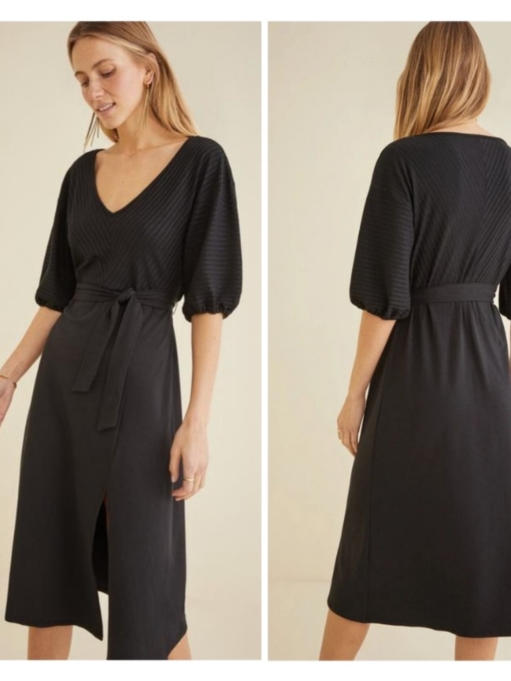Amour Vert Abby puff sleeve ribbed black midi dress with side slit size XS
